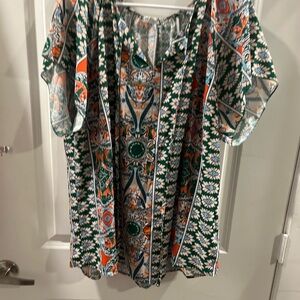Chic Floral Women's Blouse in Green and Orange